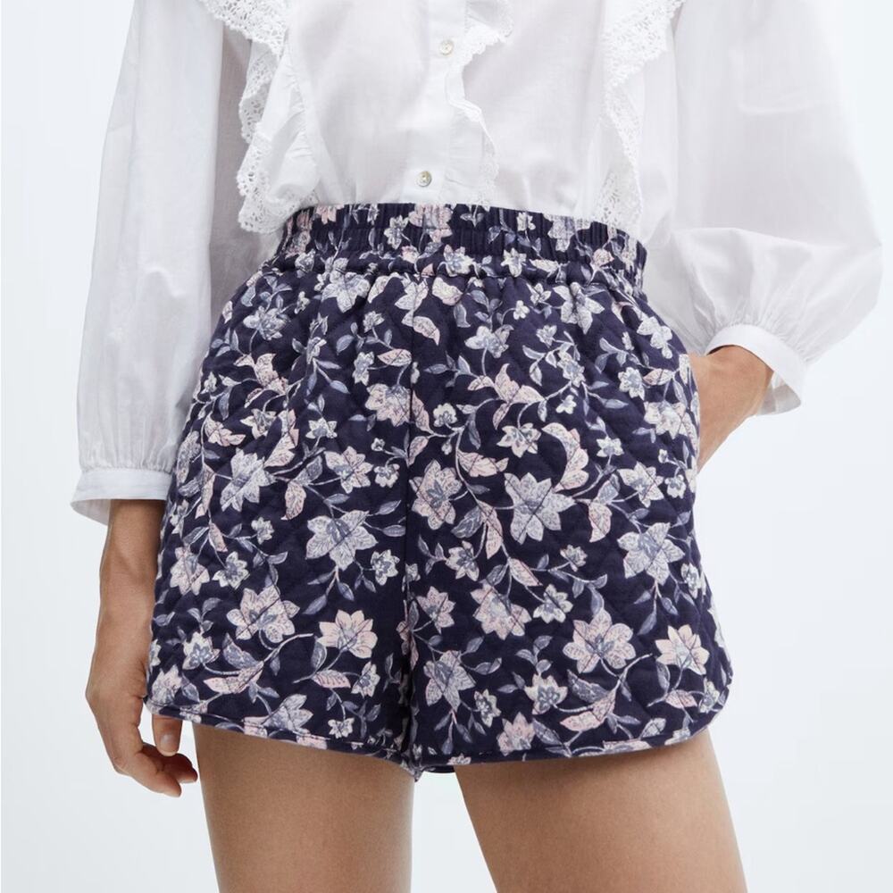NWT Mango Mng Stitched Quilted Padded High Waisted Shorts Floral Cottagecore S